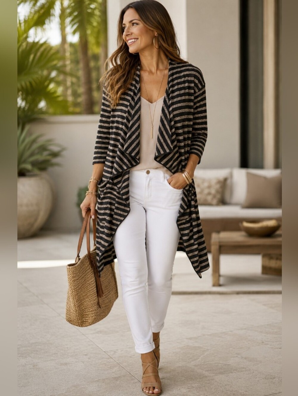 Lularoe Shirley Black& Beige Striped Waterfall Front Longline Kimono